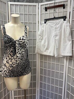 J.Crew/Prides Landing, White Cotton Shorts+Black White Silk Blouse Set,Sz 8-34.!